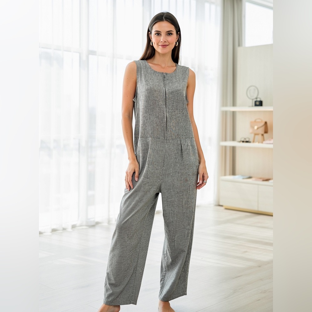 Eileen Fisher Sleeveless Linen Blend Jumpsuit Gray Wide Leg Sustainable Size M